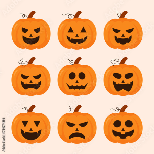 Set of nine cartoon jack-o-lanterns with various spooky and funny carved faces for Halloween decoration