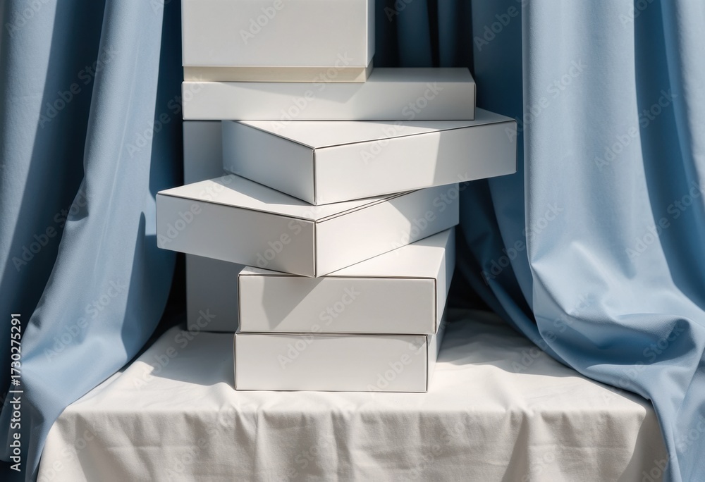 Fototapeta premium Stacked white boxes on a table with blue drapery background