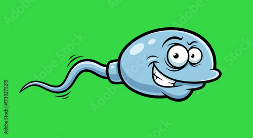 A detailed description of the image, between 6 and 180 characters, no keyword lists.     *   The image shows a cartoon sperm cell with a happy, mischievous f...