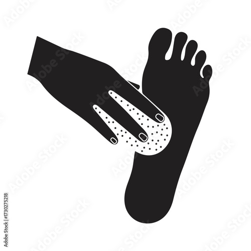 Hand scrubs a foot with a dotted pad, black silhouette on white