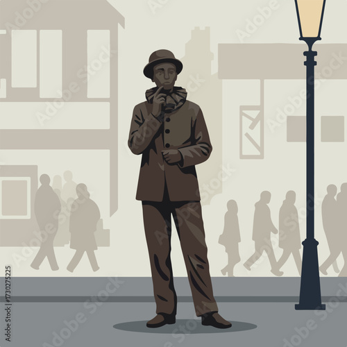 Man in suit with bowler hat stands thoughtfully on a street