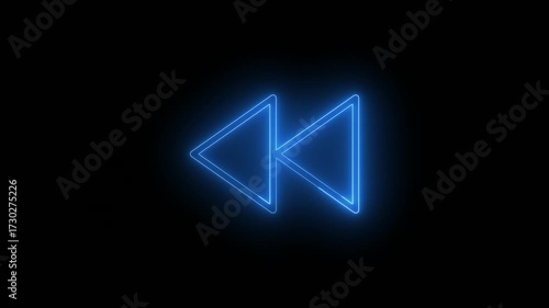 Neon blue rewind symbol on a black background.