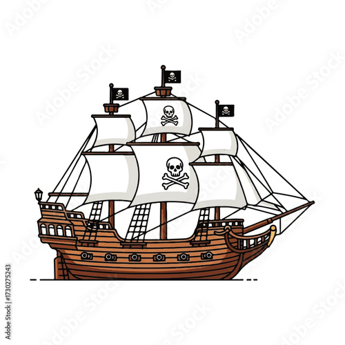 Illustration of a classic wooden sailing ship with pirate flags, featuring a detailed hull and multiple sails against a white background