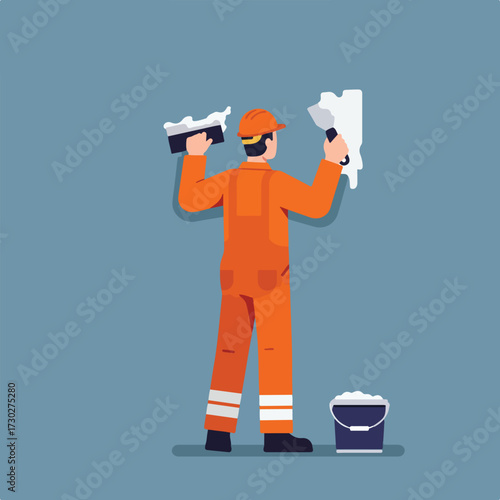 Worker applies plaster to a wall using a trowel with bucket of plaster