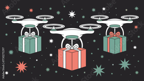 Three drones delivering christmas gifts amidst a starry night sky in a festive illustration