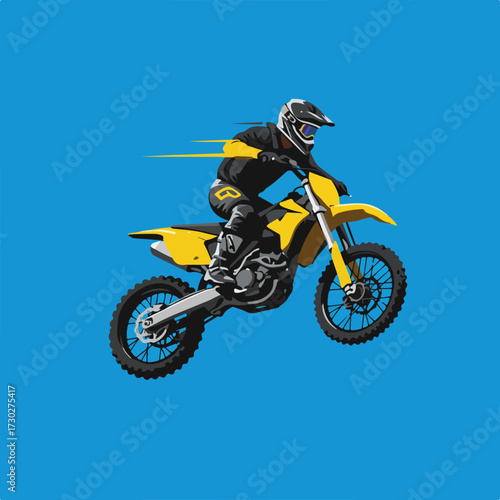 Rider mid-air on yellow dirtbike with speed lines, blue background