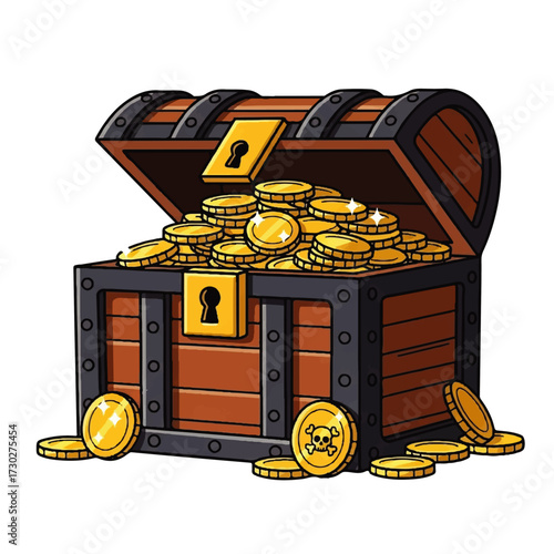 Cartoon Treasure Chest Overflowing with Gold Coins and Pirate Theme
