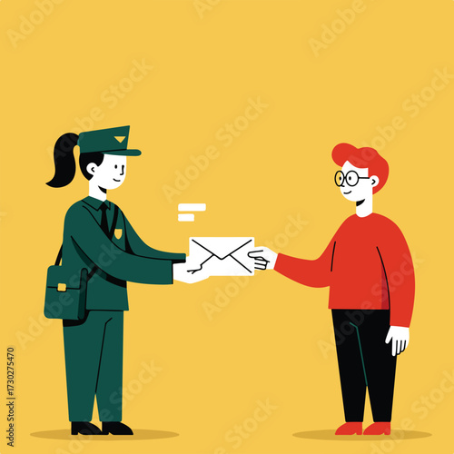 Woman delivering mail to a person in glasses on a yellow background