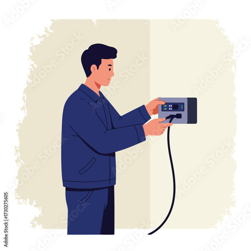 Man in work clothes plugs cable into electronic device on light background