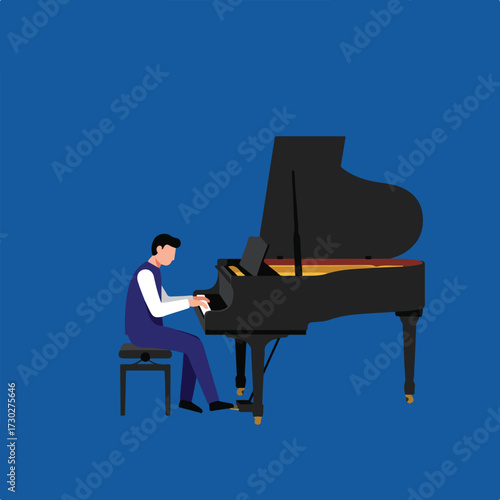 Pianist plays grand piano on a blue background, music sheet visible