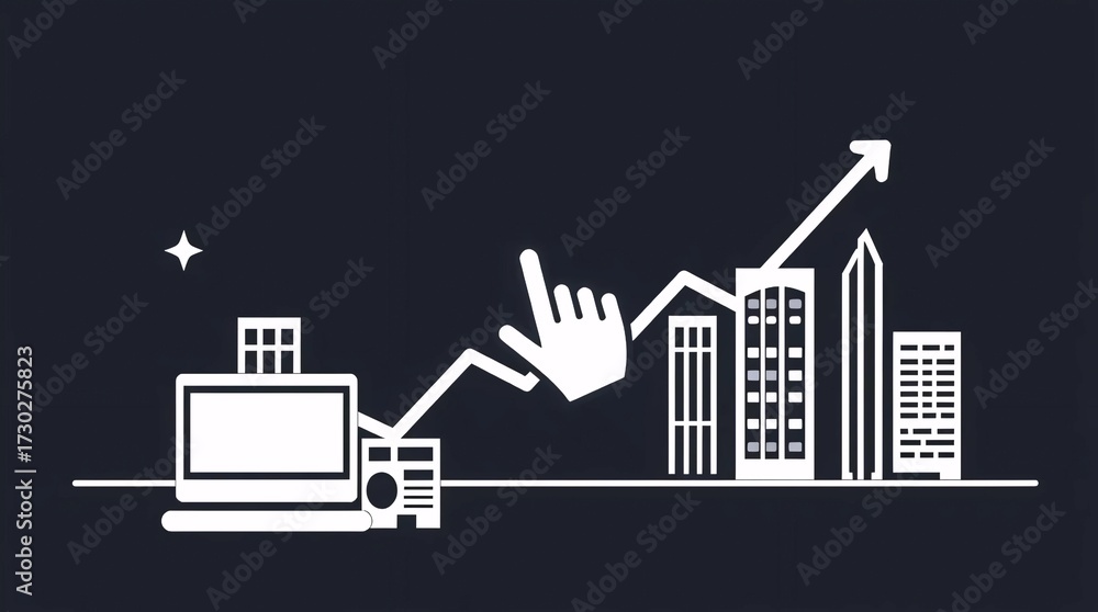 Obraz premium abstract hand cursor moving upward with business growth chart, digital success line and futuristic data background