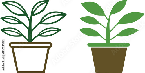 Two potted plants one with outline and one with color