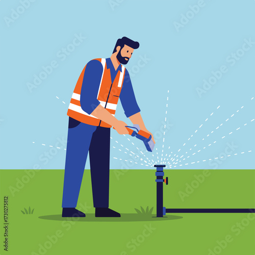 Worker repairing sprinkler system on a lawn with blue sky background, flat design
