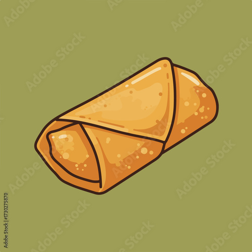 Golden fried spring roll with dark outline on olive background