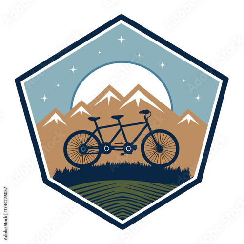 A vintage style graphic emblem featuring a tandem bicycle in front of mountains.