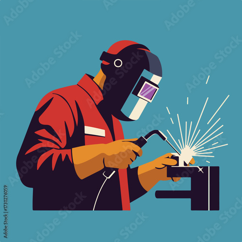 Welder in red uniform with mask welds metal, sparks flying on blue backdrop