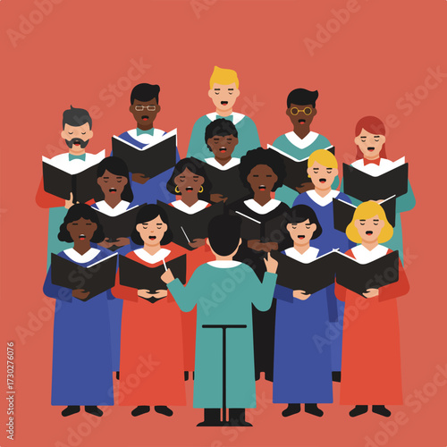 Diverse flat choir, conductor directing, holding books, singing, against terracotta