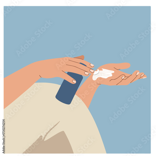 Person applying lotion to their hand from a blue pump bottle