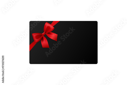 Vector 3D Realistic Black Gift Card or Gift Certificate with Red Satin Ribbon and Elegant Bow. Blank Template for Birthday, Valentine's Day, Christmas, Sale, or Invitation Design