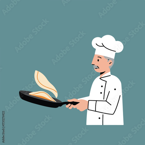 Chef flips pancakes in a pan, wearing a white uniform, on a blue-green background
