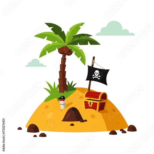 Desert Island Treasure A Cartoon Illustration of Hidden Pirate Gold