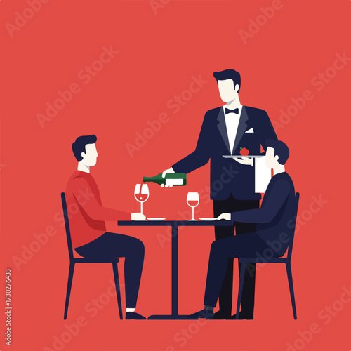 Waiter pours wine for two patrons at table, flat style, red background