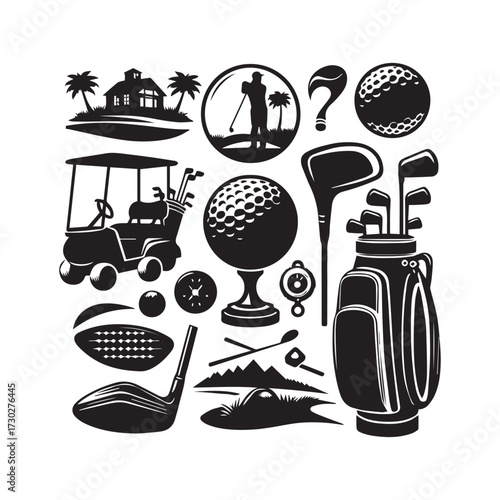 Golf Scene Elements Including Cart, Player, and Course Features golf club golf ball