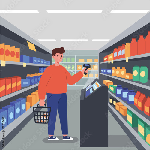 Man scanning items at a self-checkout in a supermarket aisle