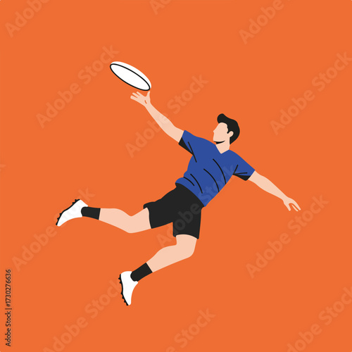 Cartoon man leaps to catch frisbee, against orange background
