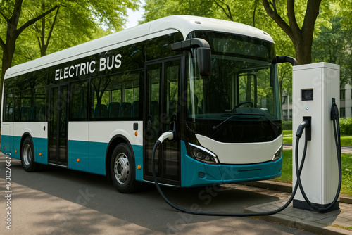 Modern electric bus parked at charging station in green city environment