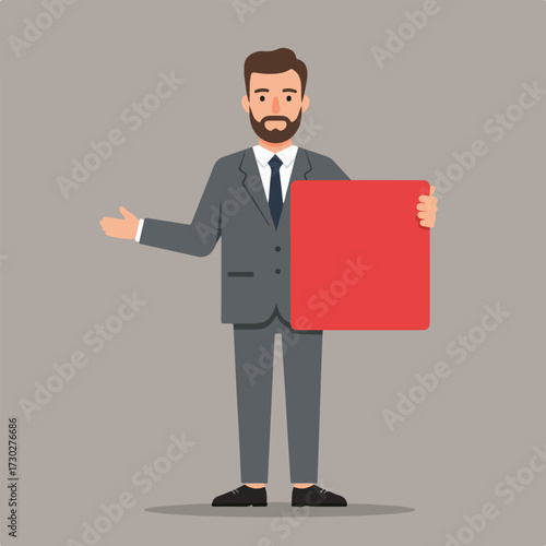 Business person in suit holds red board, arm extended in presentation pose