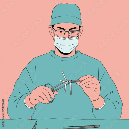 Surgeon in mask ties suture with surgical tools