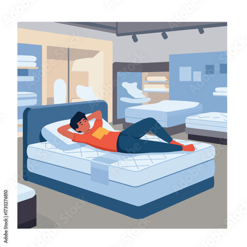 Person lies on display mattress in store