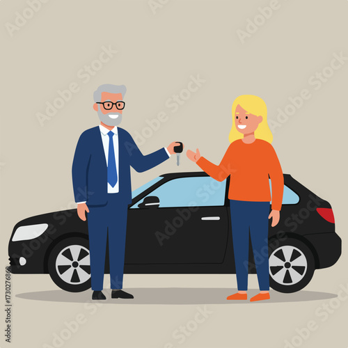 Man in suit gives car keys to a smiling blond woman, black car in background