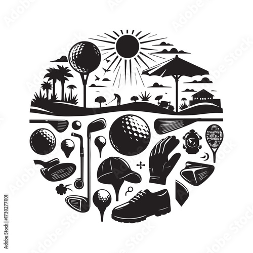 Golfing Elements Arranged in a Circle with Sun and Palm Trees golf ball golf club