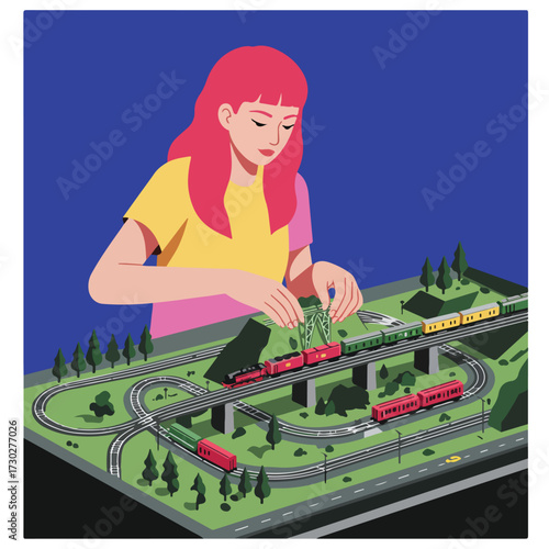 Woman builds miniature train set with tunnels, tracks, trees, bridge