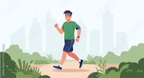 An energetic man jogging in a park with a city skyline in the background, enjoying his outdoor exercise and healthy lifestyle.
