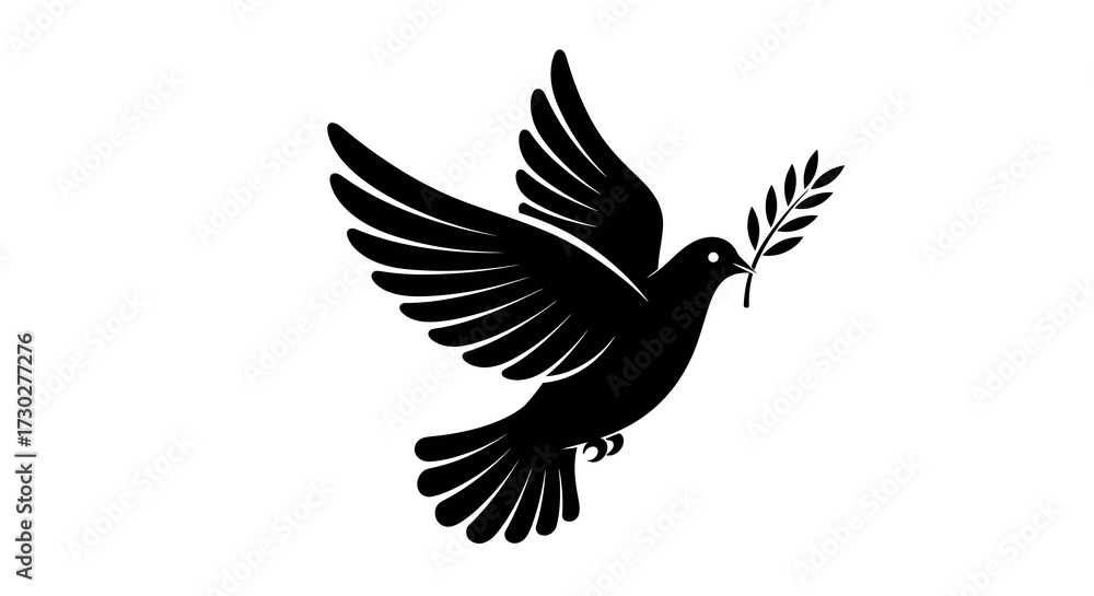 Fototapeta premium Black and white illustration of a dove carrying an olive branch, symbolizing peace.