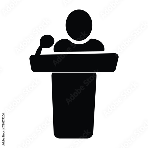 Podium Speaker Icon: A clean, minimalistic black silhouette of a person speaking from behind a podium, conveying themes of public address and important presentation