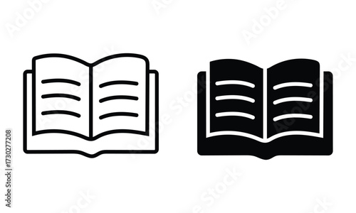 Open Book Icon Illustration: Minimalist illustration of an open book, offering a visual representation of knowledge, learning, and the joy of reading, in both outline and filled styles.