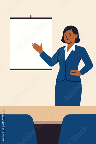 Minimalist flat vector of a confident businesswoman giving presentation