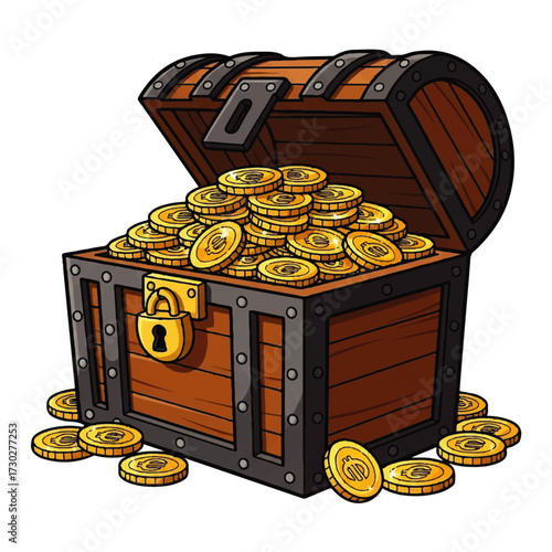 Antique wooden treasure chest overflowing with gleaming gold coins, an iconic symbol of wealth and fortune
