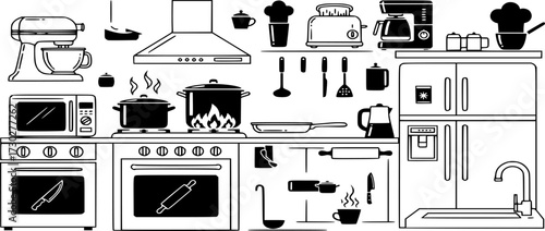 Kitchen line and solid big icon set. Cooking, Kitchen Tools icons vector illustration