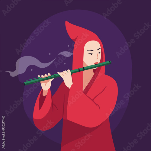 Woman in red hood plays green flute, vapor trails in dark purple bg