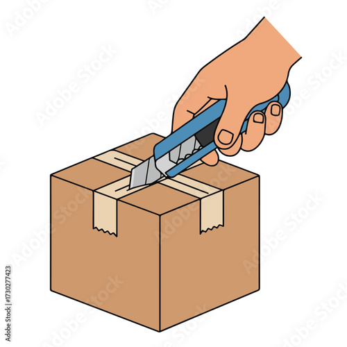 Hand uses utility knife to cut tape on brown cardboard box, against a white background