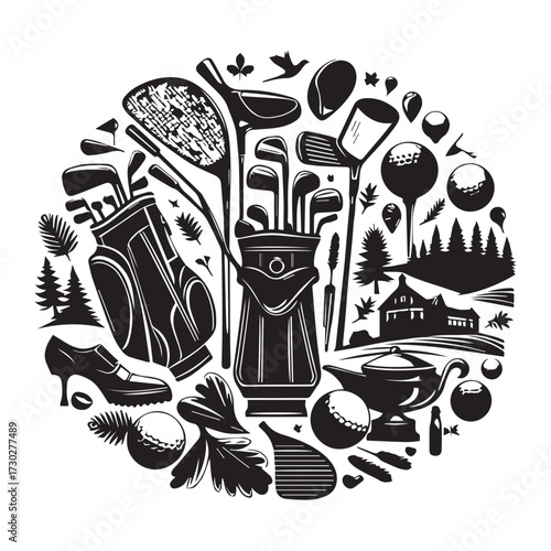 Golfing lifestyle elements arranged in a circular composition with a black and white silhouette style