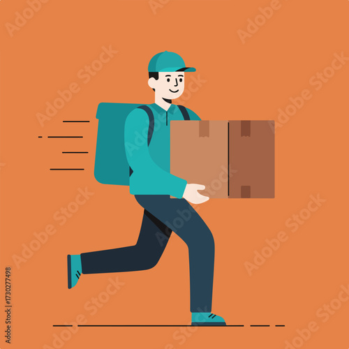 Speedy cartoon delivery man carries a package, running on an orange background