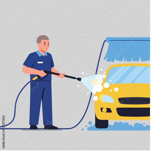 Man in blue uniform washes a yellow car with water