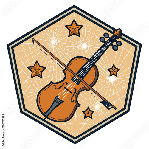 A vintage-style illustration of a violin with a bow and stars within a hexagonal frame.
