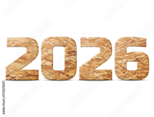 New Year 2026 of OSB isolated on white. Oriented strand board (OSB) in shape of year number. Design element for new years day, christmas, construction industry, winter holiday, building materials